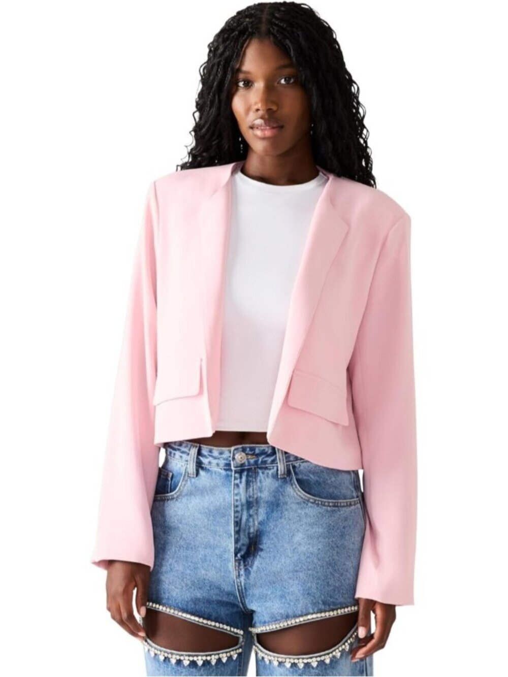 Women Baby Pink 100% Polyester Long Sleeve Collarless Polyester Serenea Blazer